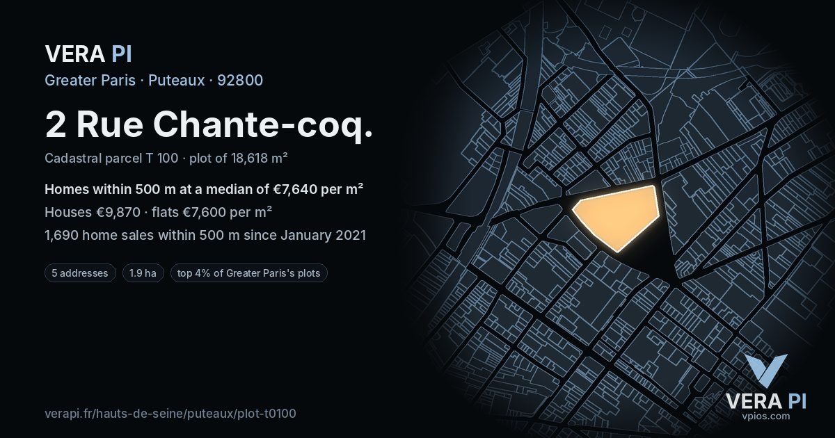 2 Rue Chante-coq, Puteaux at night – the plot lit, the parcels around coloured by the prices near them