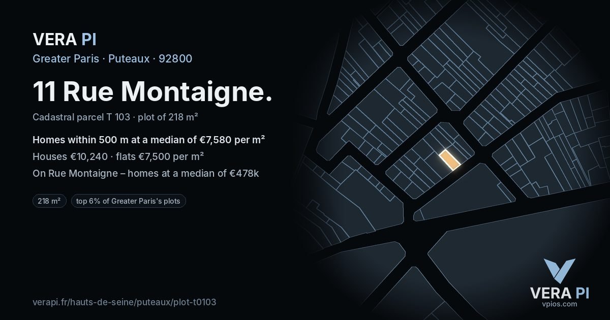 11 Rue Montaigne, Puteaux at night – the plot lit, the parcels around coloured by the prices near them