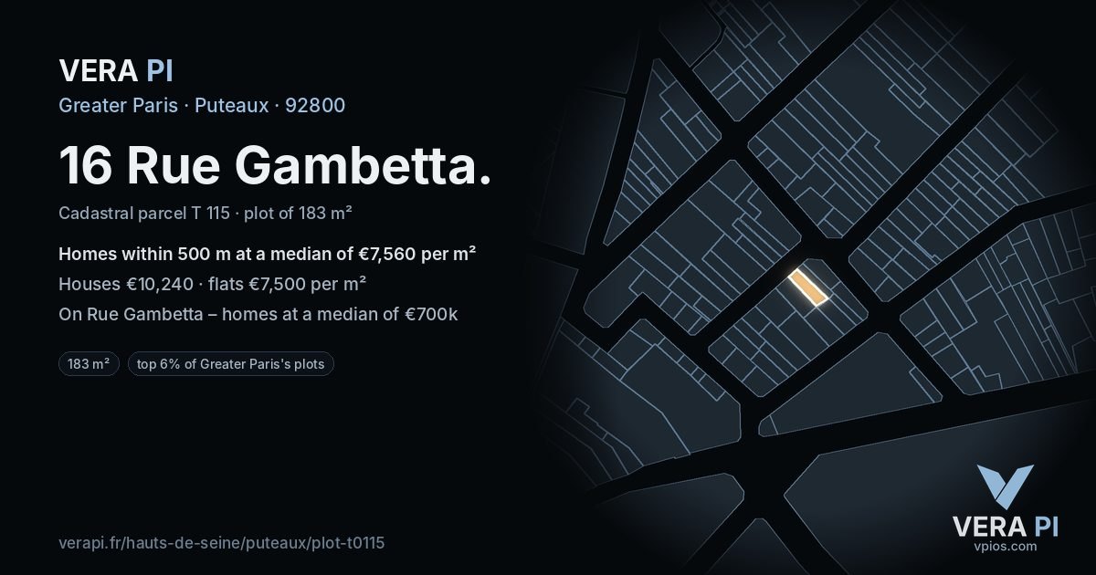 16 Rue Gambetta, Puteaux at night – the plot lit, the parcels around coloured by the prices near them