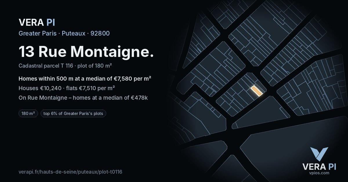 13 Rue Montaigne, Puteaux at night – the plot lit, the parcels around coloured by the prices near them
