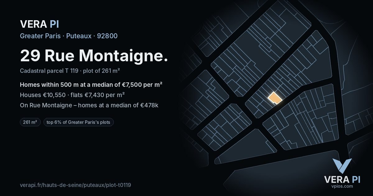 29 Rue Montaigne, Puteaux at night – the plot lit, the parcels around coloured by the prices near them