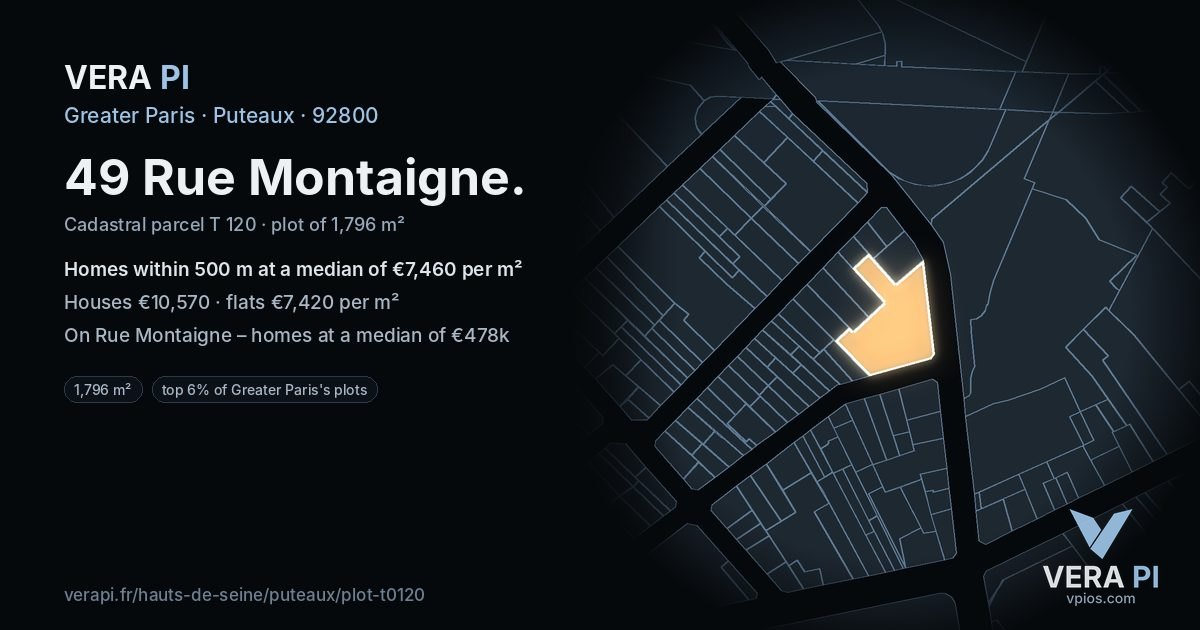 49 Rue Montaigne, Puteaux at night – the plot lit, the parcels around coloured by the prices near them