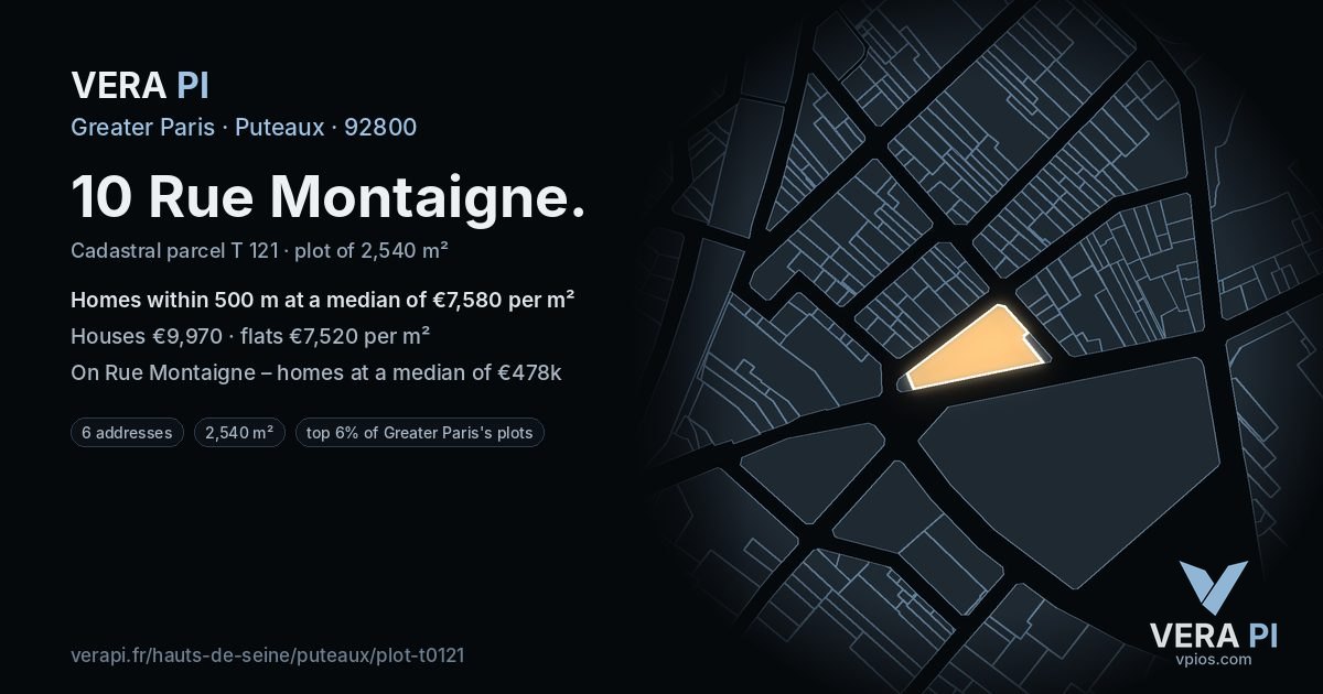 10 Rue Montaigne, Puteaux at night – the plot lit, the parcels around coloured by the prices near them