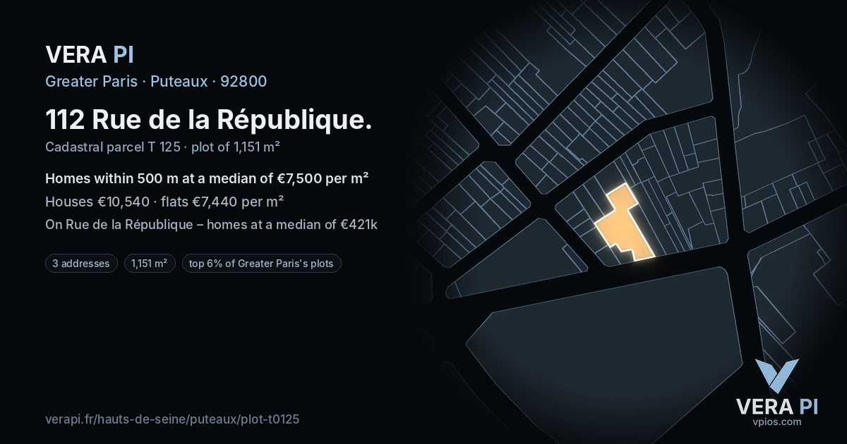 112 Rue de la République, Puteaux at night – the plot lit, the parcels around coloured by the prices near them