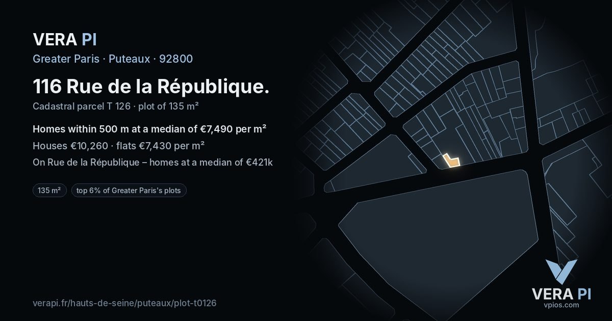 116 Rue de la République, Puteaux at night – the plot lit, the parcels around coloured by the prices near them