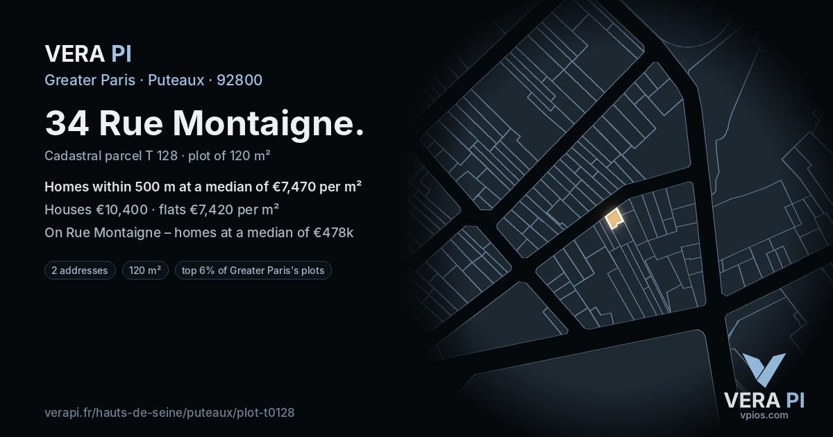 34 Rue Montaigne, Puteaux at night – the plot lit, the parcels around coloured by the prices near them