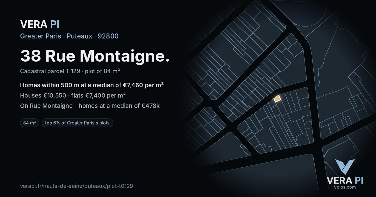 38 Rue Montaigne, Puteaux at night – the plot lit, the parcels around coloured by the prices near them