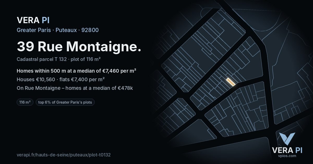 39 Rue Montaigne, Puteaux at night – the plot lit, the parcels around coloured by the prices near them
