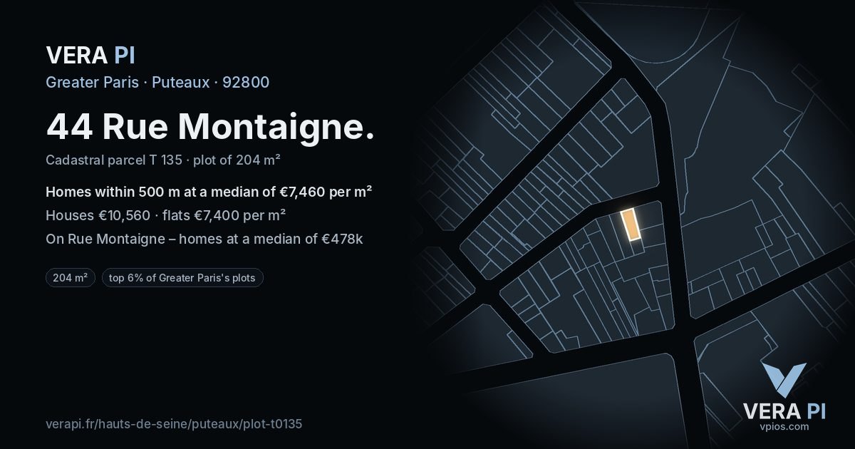 44 Rue Montaigne, Puteaux at night – the plot lit, the parcels around coloured by the prices near them