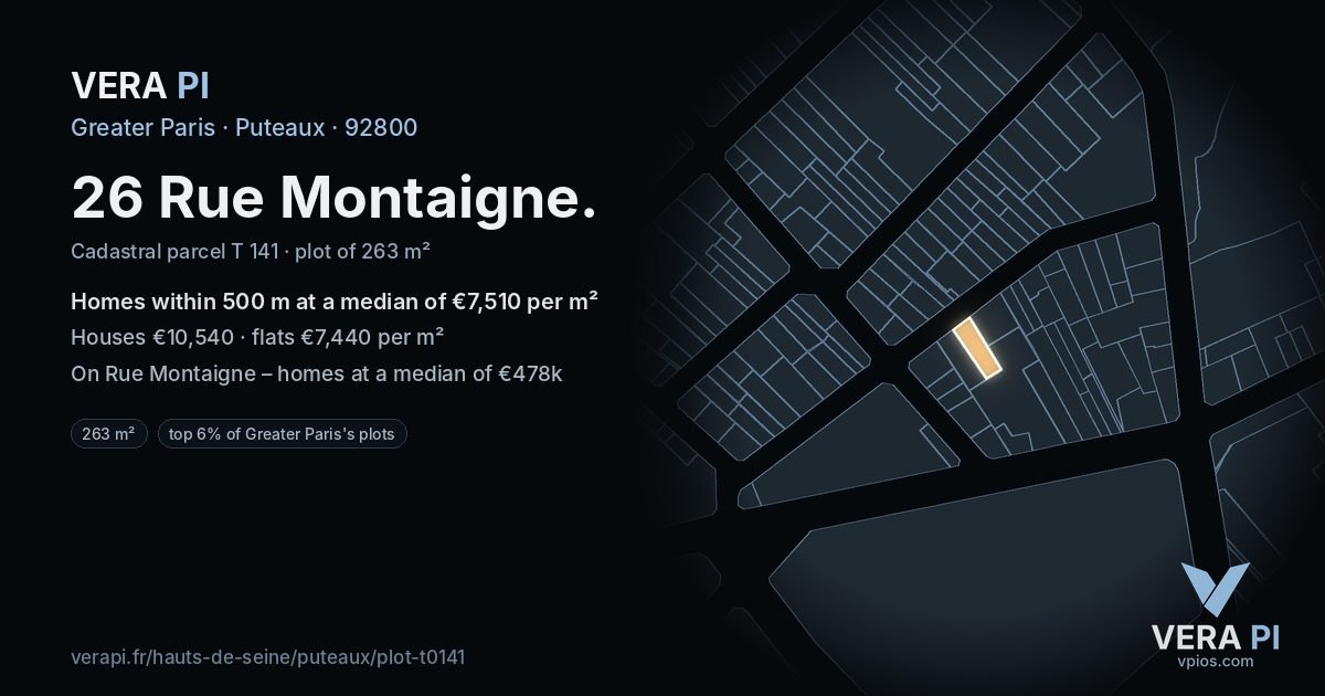 26 Rue Montaigne, Puteaux at night – the plot lit, the parcels around coloured by the prices near them