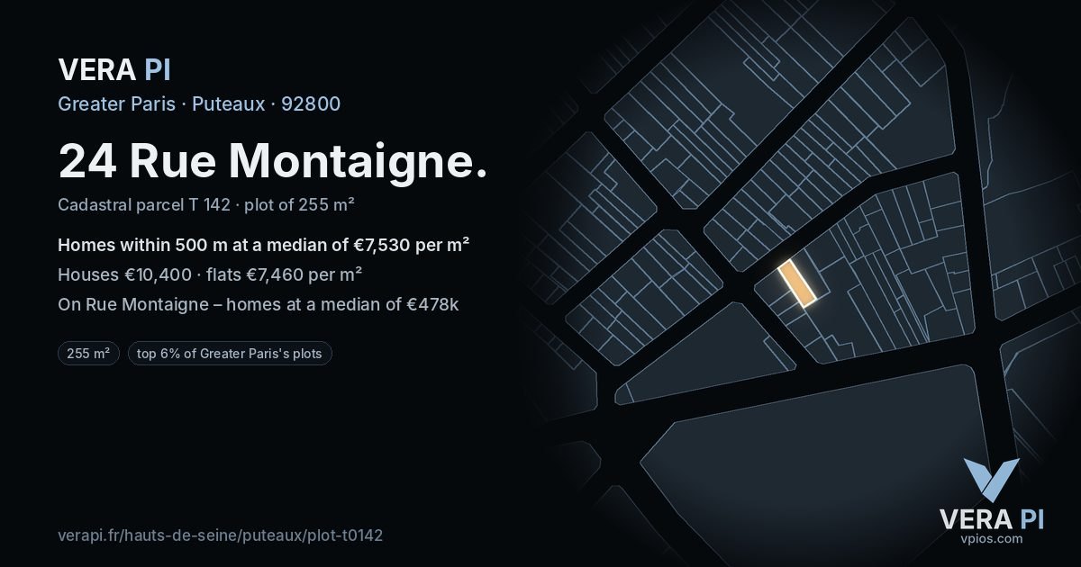 24 Rue Montaigne, Puteaux at night – the plot lit, the parcels around coloured by the prices near them