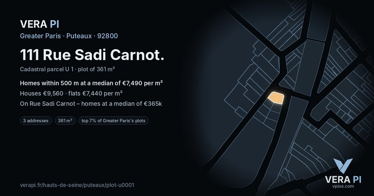 111 Rue Sadi Carnot, Puteaux at night – the plot lit, the parcels around coloured by the prices near them