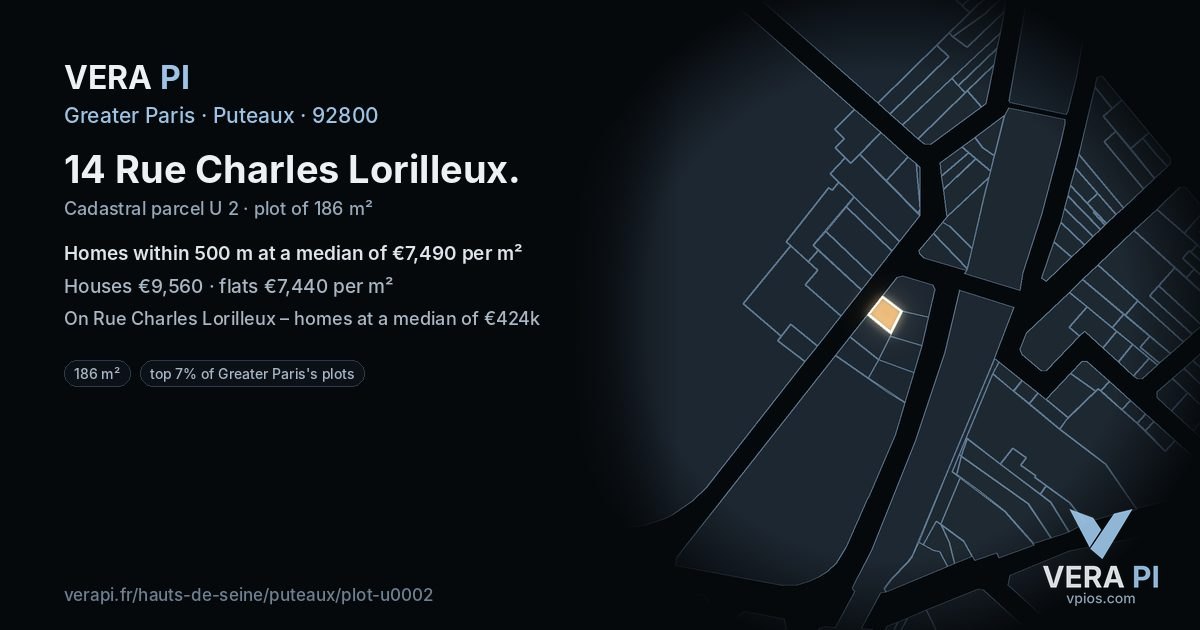 14 Rue Charles Lorilleux, Puteaux at night – the plot lit, the parcels around coloured by the prices near them