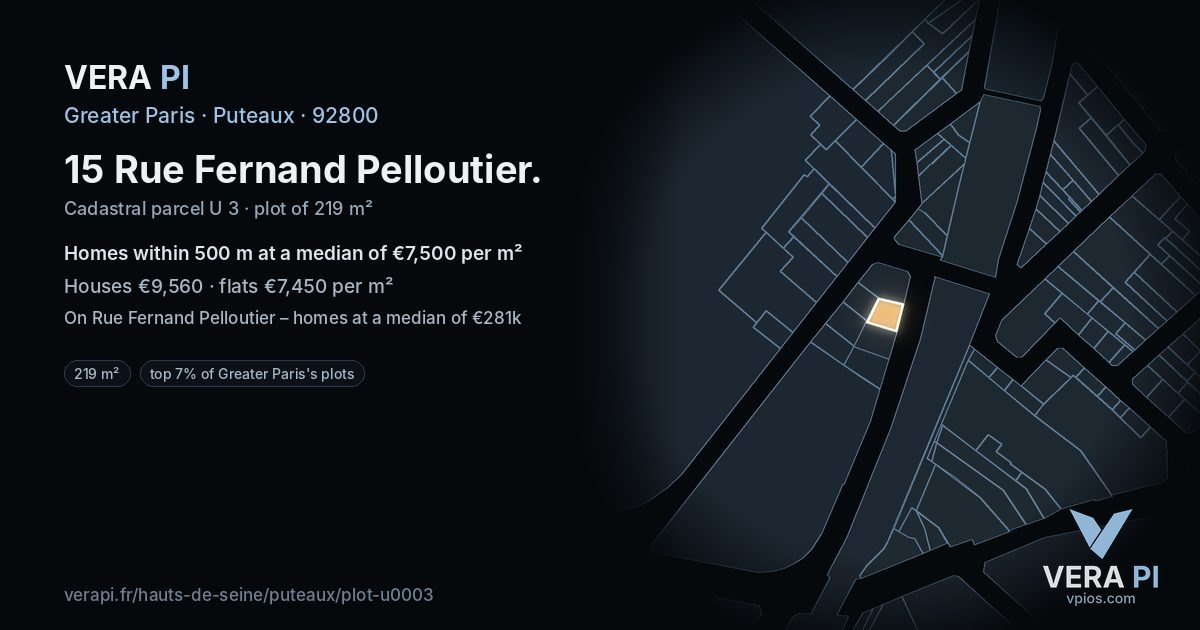 15 Rue Fernand Pelloutier, Puteaux at night – the plot lit, the parcels around coloured by the prices near them