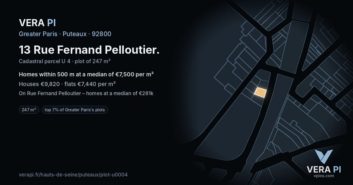 13 Rue Fernand Pelloutier, Puteaux at night – the plot lit, the parcels around coloured by the prices near them