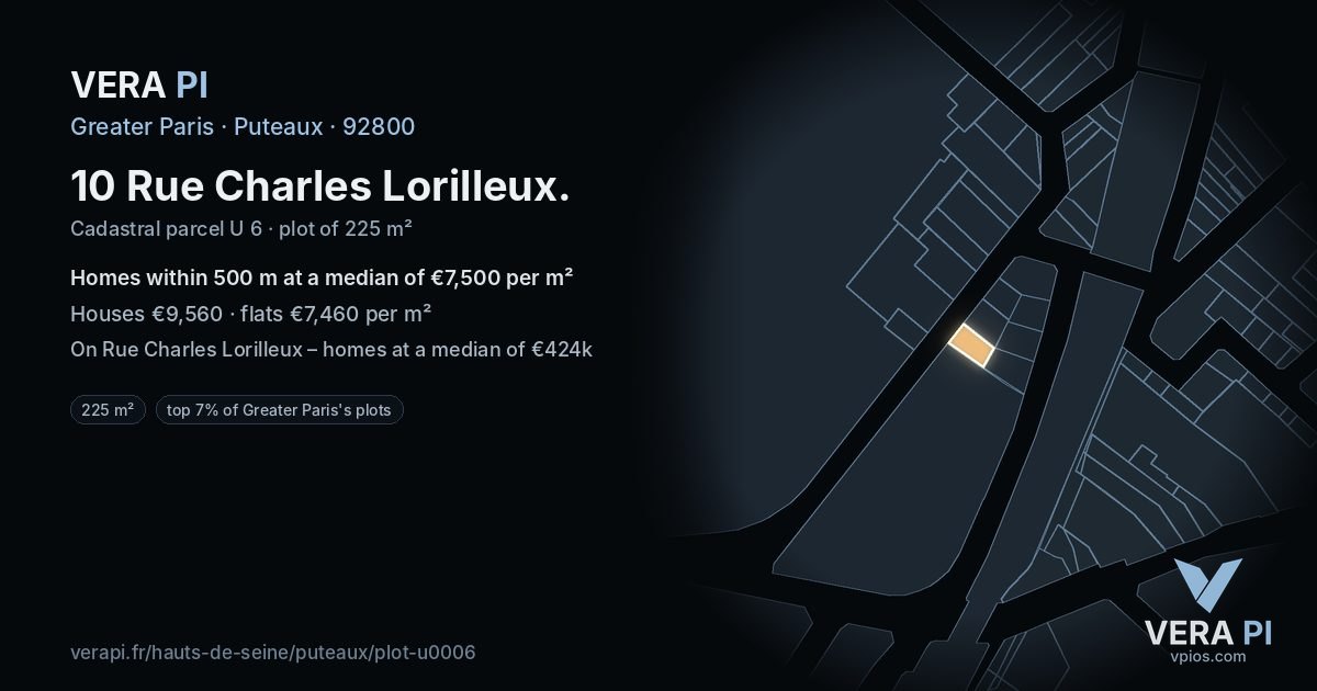 10 Rue Charles Lorilleux, Puteaux at night – the plot lit, the parcels around coloured by the prices near them