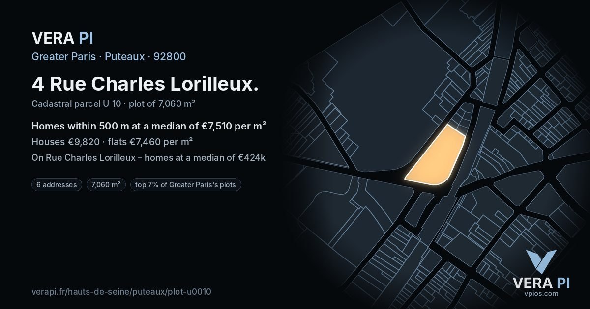 4 Rue Charles Lorilleux, Puteaux at night – the plot lit, the parcels around coloured by the prices near them