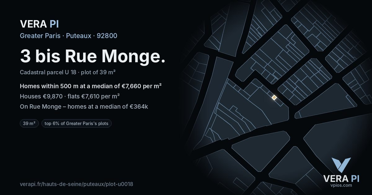 3 bis Rue Monge, Puteaux at night – the plot lit, the parcels around coloured by the prices near them
