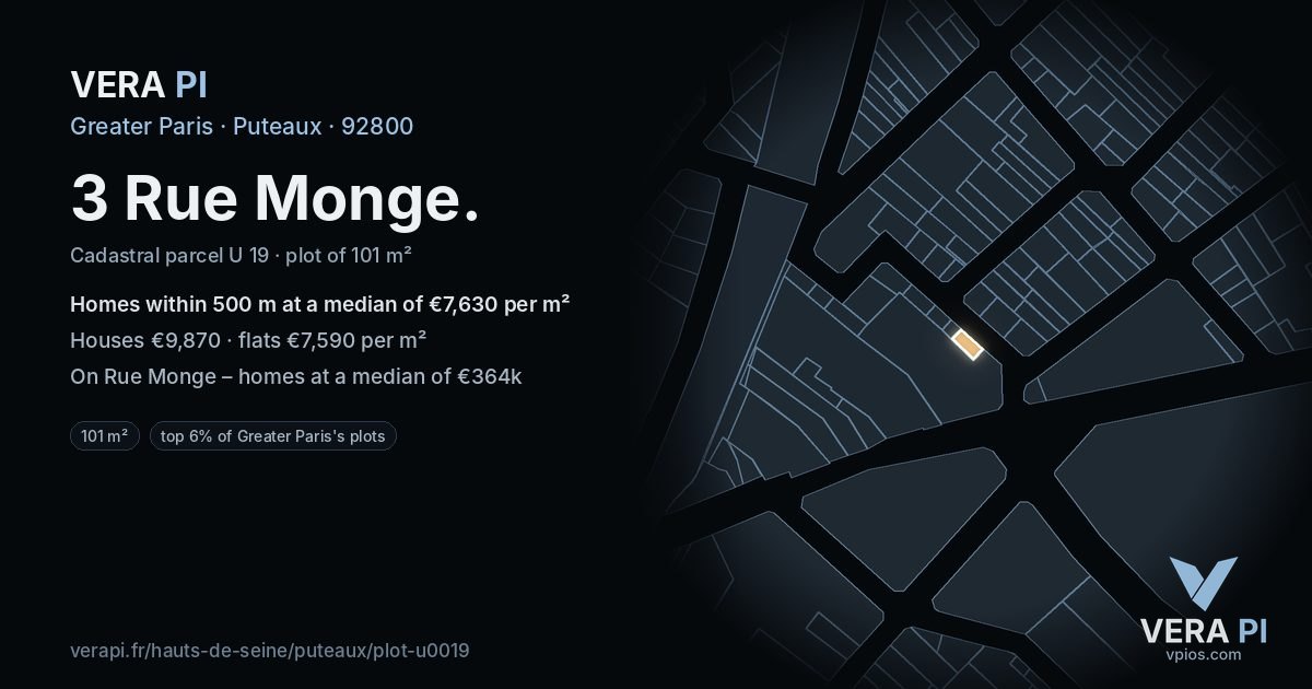 3 Rue Monge, Puteaux at night – the plot lit, the parcels around coloured by the prices near them