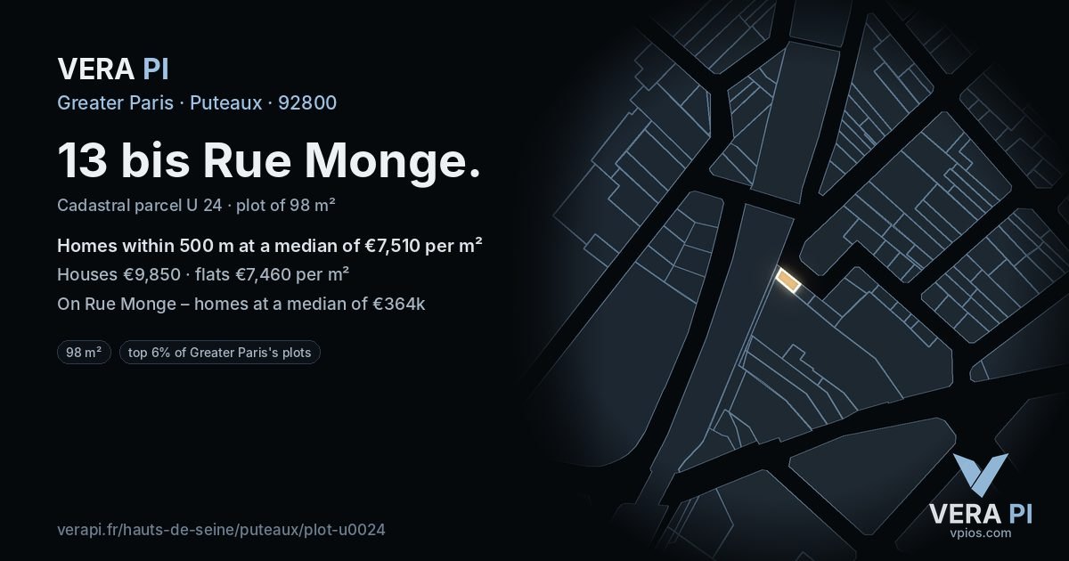 13 bis Rue Monge, Puteaux at night – the plot lit, the parcels around coloured by the prices near them