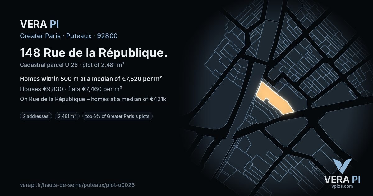 148 Rue de la République, Puteaux at night – the plot lit, the parcels around coloured by the prices near them