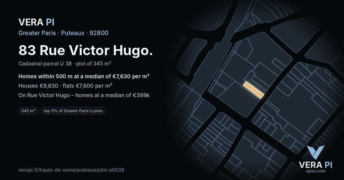 83 Rue Victor Hugo, Puteaux at night – the plot lit, the parcels around coloured by the prices near them