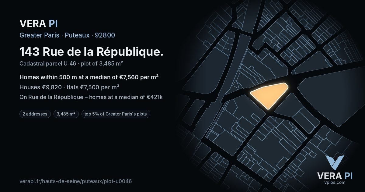 143 Rue de la République, Puteaux at night – the plot lit, the parcels around coloured by the prices near them