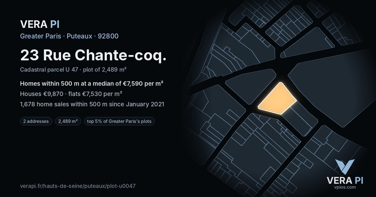 23 Rue Chante-coq, Puteaux at night – the plot lit, the parcels around coloured by the prices near them