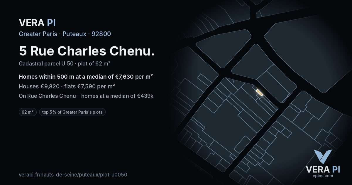 5 Rue Charles Chenu, Puteaux at night – the plot lit, the parcels around coloured by the prices near them