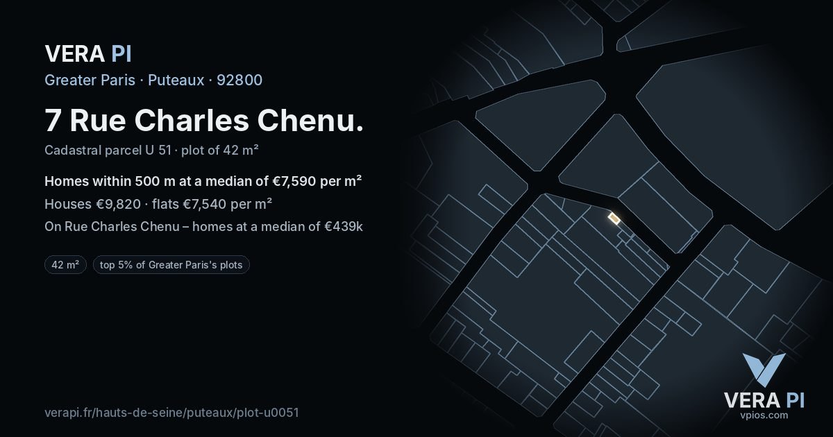 7 Rue Charles Chenu, Puteaux at night – the plot lit, the parcels around coloured by the prices near them