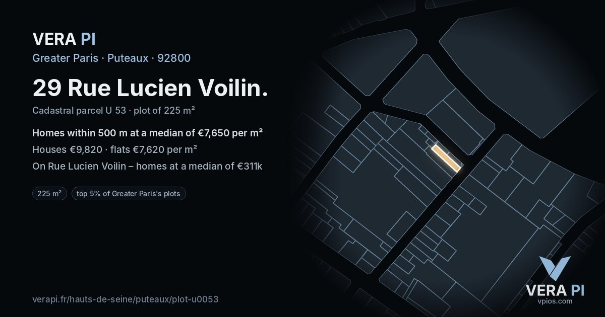 29 Rue Lucien Voilin, Puteaux at night – the plot lit, the parcels around coloured by the prices near them