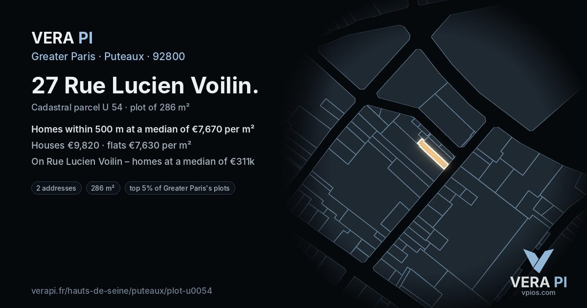 27 Rue Lucien Voilin, Puteaux at night – the plot lit, the parcels around coloured by the prices near them