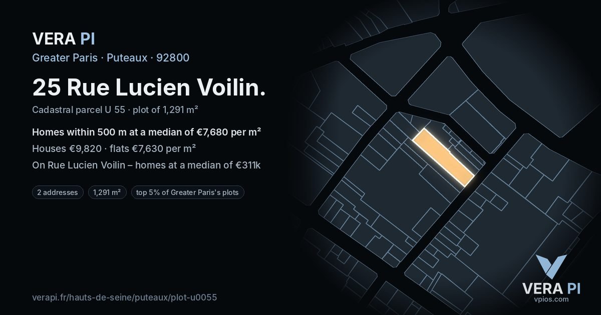 25 Rue Lucien Voilin, Puteaux at night – the plot lit, the parcels around coloured by the prices near them