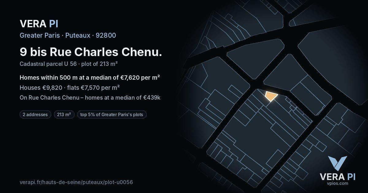 9 bis Rue Charles Chenu, Puteaux at night – the plot lit, the parcels around coloured by the prices near them