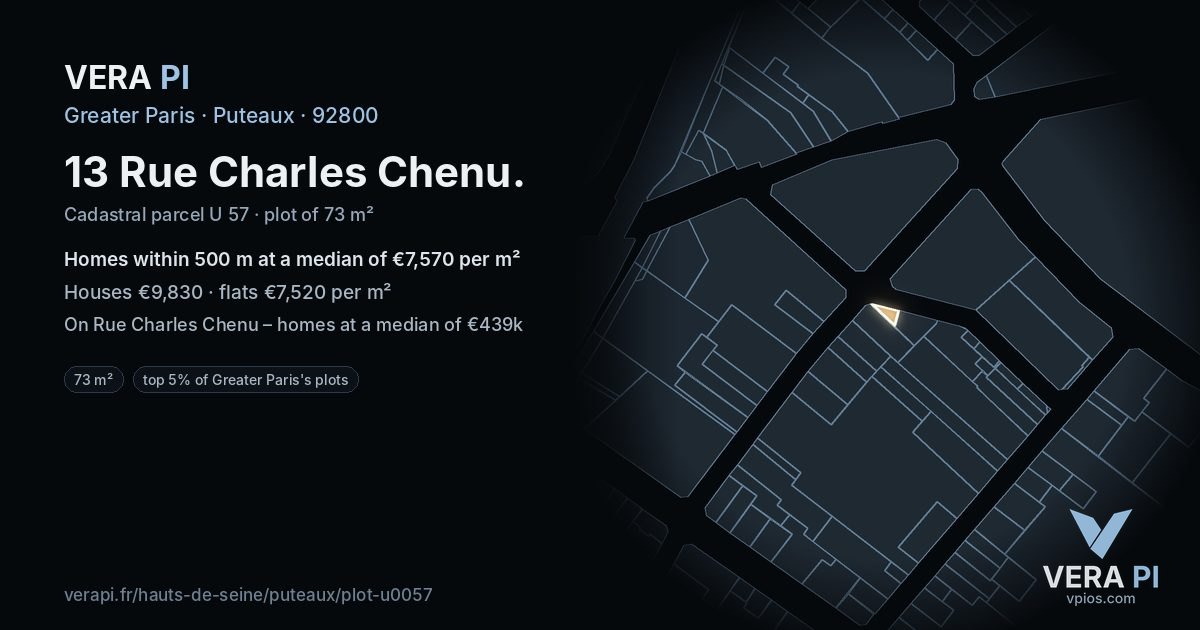 13 Rue Charles Chenu, Puteaux at night – the plot lit, the parcels around coloured by the prices near them