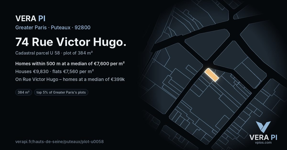 74 Rue Victor Hugo, Puteaux at night – the plot lit, the parcels around coloured by the prices near them