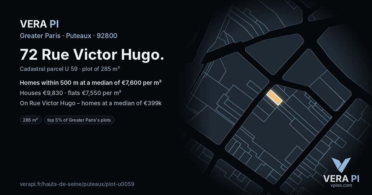 72 Rue Victor Hugo, Puteaux at night – the plot lit, the parcels around coloured by the prices near them
