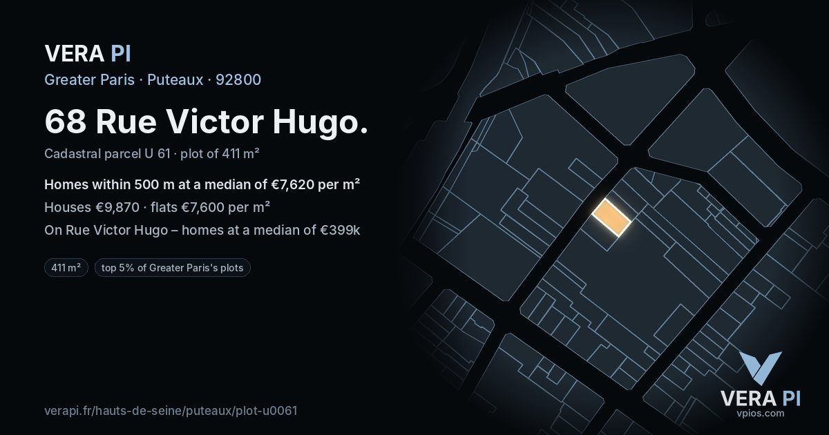 68 Rue Victor Hugo, Puteaux at night – the plot lit, the parcels around coloured by the prices near them