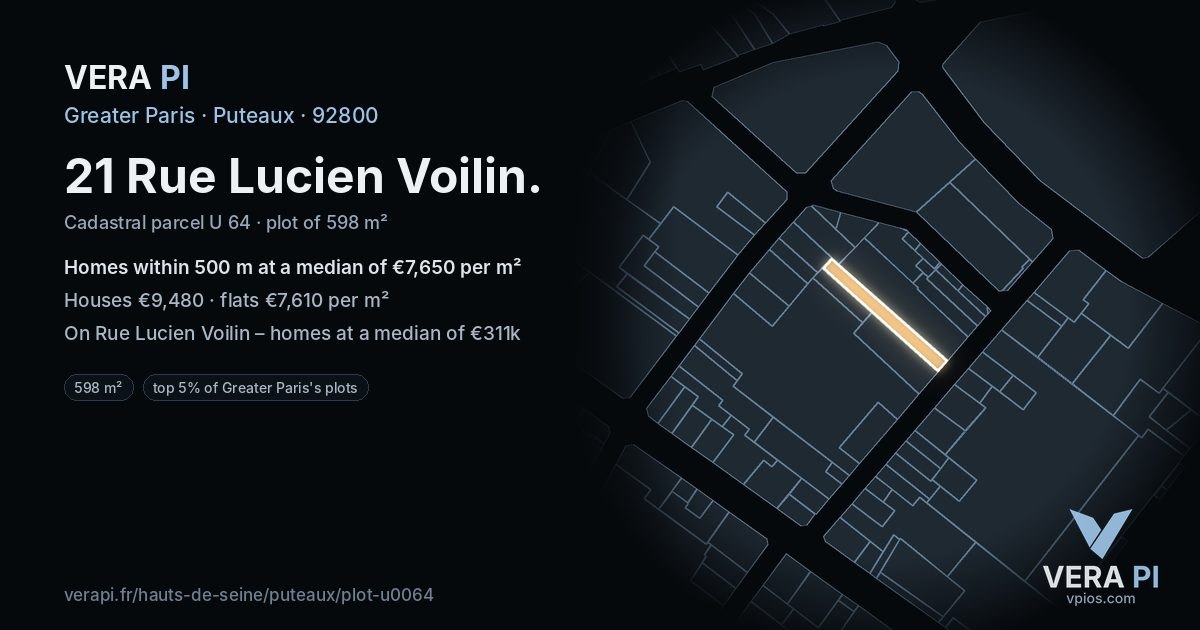 21 Rue Lucien Voilin, Puteaux at night – the plot lit, the parcels around coloured by the prices near them