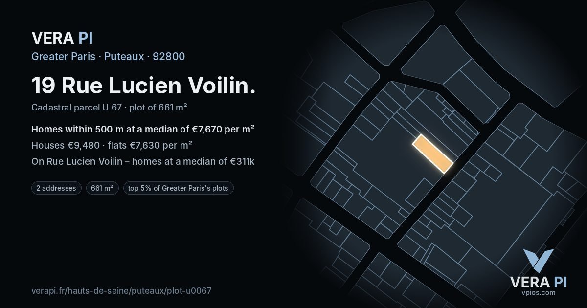 19 Rue Lucien Voilin, Puteaux at night – the plot lit, the parcels around coloured by the prices near them