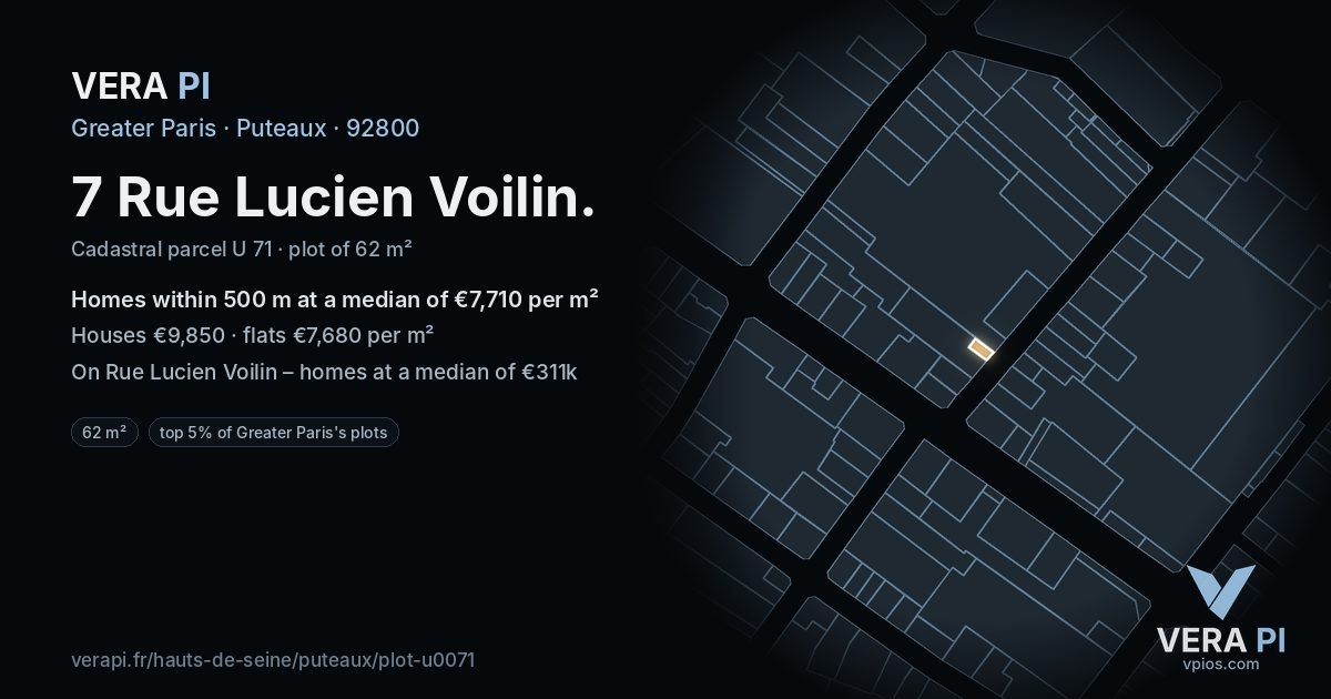 7 Rue Lucien Voilin, Puteaux at night – the plot lit, the parcels around coloured by the prices near them