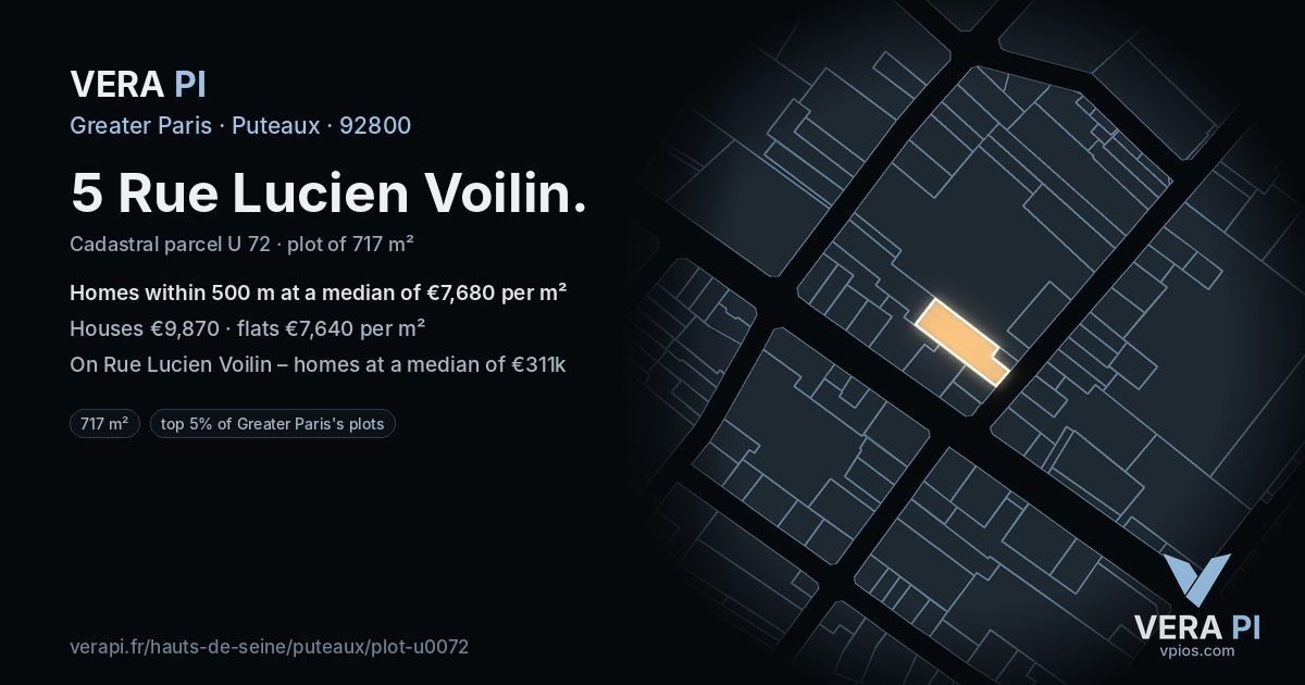 5 Rue Lucien Voilin, Puteaux at night – the plot lit, the parcels around coloured by the prices near them