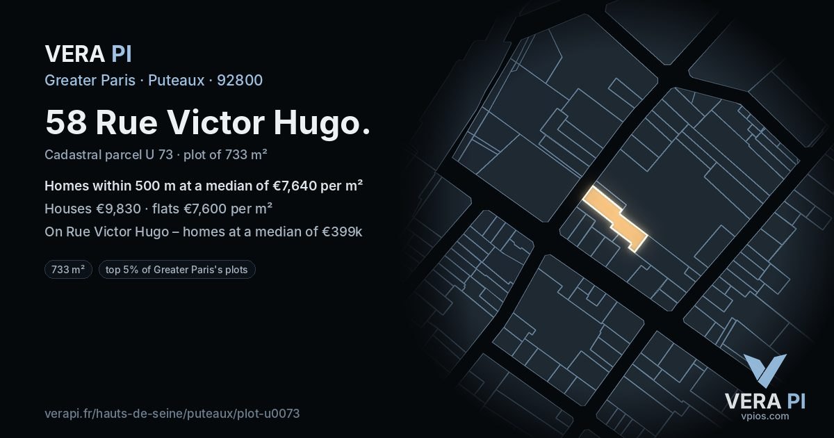 58 Rue Victor Hugo, Puteaux at night – the plot lit, the parcels around coloured by the prices near them
