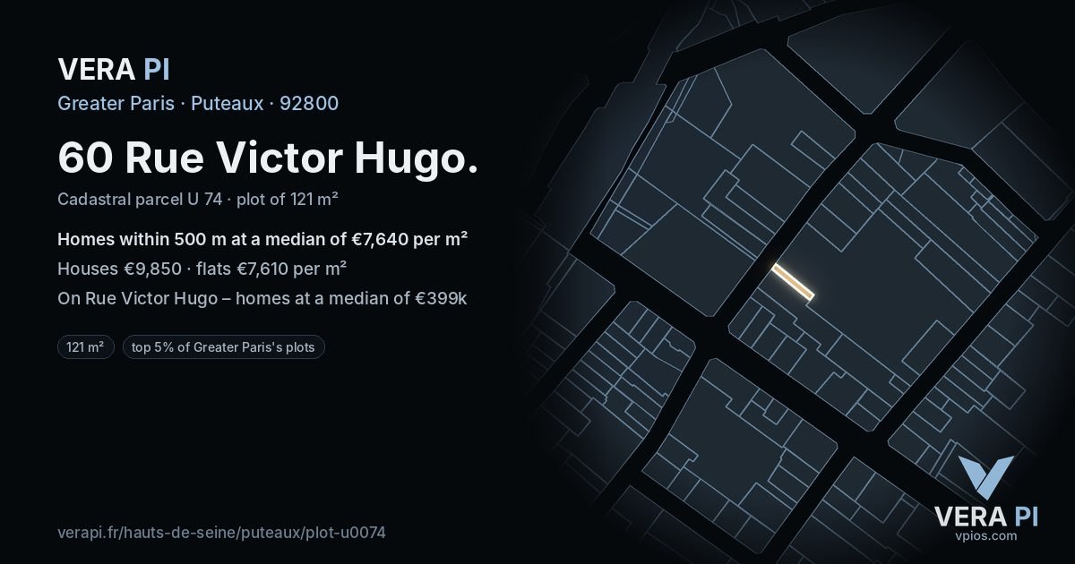 60 Rue Victor Hugo, Puteaux at night – the plot lit, the parcels around coloured by the prices near them