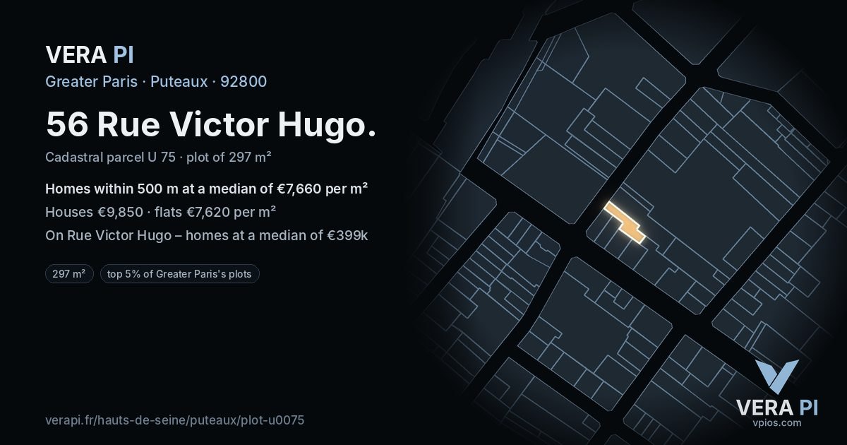 56 Rue Victor Hugo, Puteaux at night – the plot lit, the parcels around coloured by the prices near them