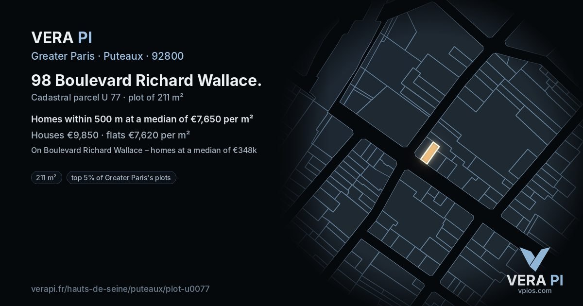 98 Boulevard Richard Wallace, Puteaux at night – the plot lit, the parcels around coloured by the prices near them