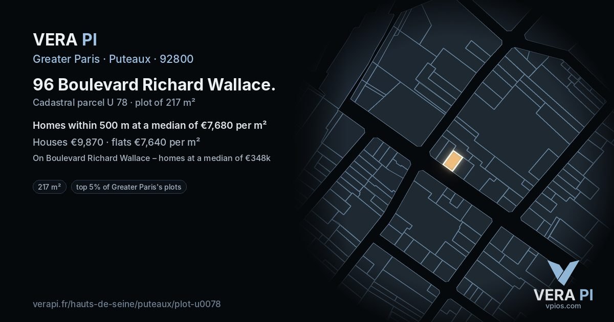 96 Boulevard Richard Wallace, Puteaux at night – the plot lit, the parcels around coloured by the prices near them