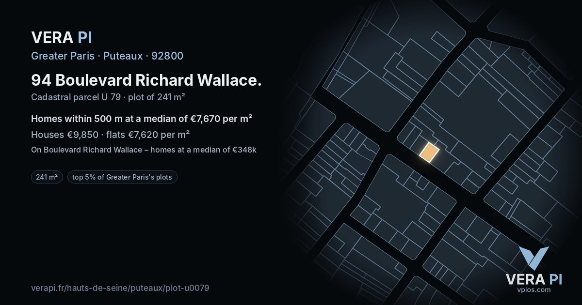 94 Boulevard Richard Wallace, Puteaux at night – the plot lit, the parcels around coloured by the prices near them