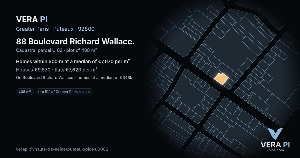 88 Boulevard Richard Wallace, Puteaux at night – the plot lit, the parcels around coloured by the prices near them