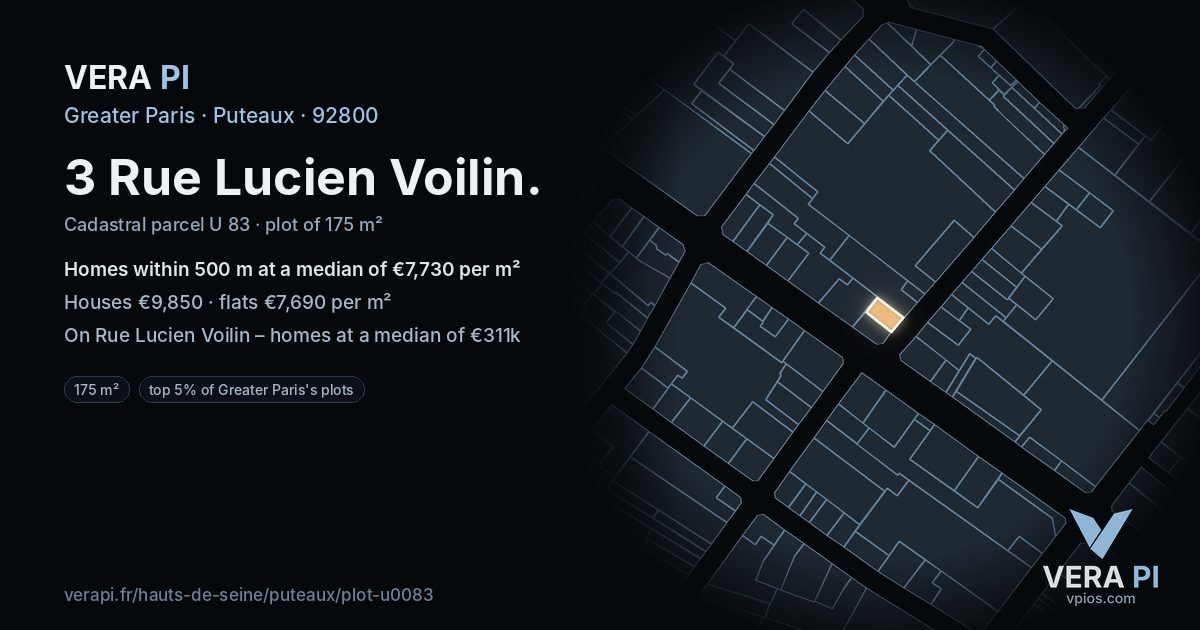 3 Rue Lucien Voilin, Puteaux at night – the plot lit, the parcels around coloured by the prices near them